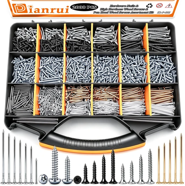 Main image of 2000 PCS High Hardness Nails & Wood Screws & Sheet Metal Screws Assortment Kit,Phillips Drive Flat & Pan Head Wood Screws Set for Picture Hanging/Wood/DIY with Storage Box