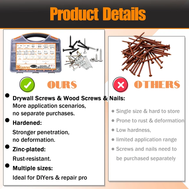 Alt view image 4 of 6 - 2000 PCS High Hardness Nails & Wood Screws & Sheet Metal Screws Assortment Kit,Phillips Drive Flat & Pan Head Wood Screws Set for Picture Hanging/Wood/DIY with Storage Box