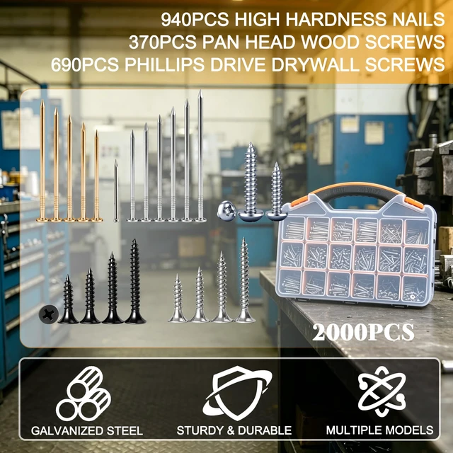 Alt view image 5 of 6 - 2000 PCS High Hardness Nails & Wood Screws & Sheet Metal Screws Assortment Kit,Phillips Drive Flat & Pan Head Wood Screws Set for Picture Hanging/Wood/DIY with Storage Box