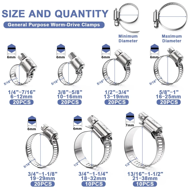 Alt view image 2 of 6 - Hose Clamp- 120 PCS Stainless Steel Hose Clamps Assortment Kit 1/4''1-1/2'' Worm Gear Clamps for Fuel Line, Plumbing, Automotive, Mechanical Applications, Pipe, Tube, Radiator, Garden