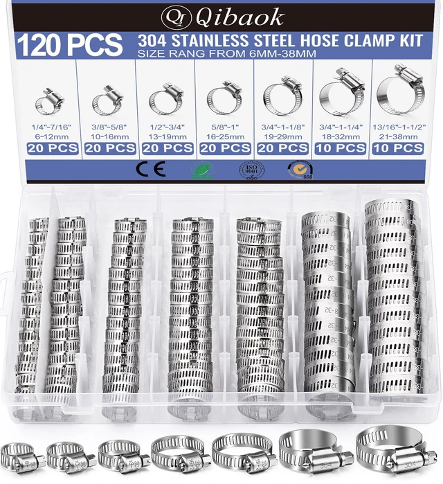 Main image of Hose Clamp- 120 PCS Stainless Steel Hose Clamps Assortment Kit 1/4''1-1/2'' Worm Gear Clamps for Fuel Line, Plumbing, Automotive, Mechanical Applications, Pipe, Tube, Radiator, Garden