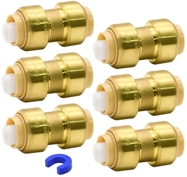 Main image of 6 Pack Push-to-Connect Plumbing Fittings, 1/2" Pushfit Straight Fittings with Disconnect Clip for Copper, PEX, CPVC Pipe