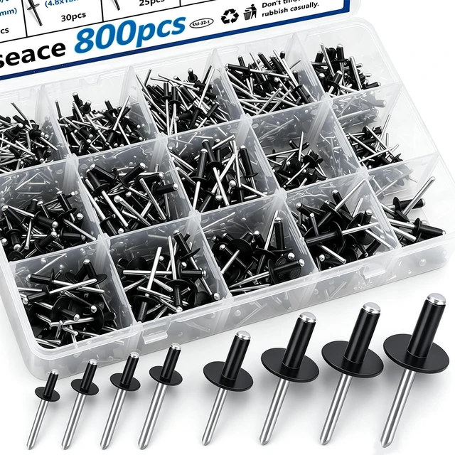 Main image of 800pcs Black Pop Rivets with Large Flange Rivets Assortment Kit 7-Sizes Large Head(1/8" 3/16" 1/4") 8-Sizes Small Head (3/32" 1/8" 5/32" 3/16")