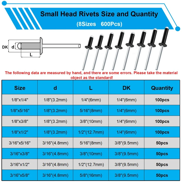 Alt view image 3 of 6 - 800pcs Black Pop Rivets with Large Flange Rivets Assortment Kit 7-Sizes Large Head(1/8" 3/16" 1/4") 8-Sizes Small Head (3/32" 1/8" 5/32" 3/16")