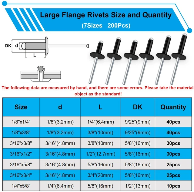 Alt view image 2 of 6 - 800pcs Black Pop Rivets with Large Flange Rivets Assortment Kit 7-Sizes Large Head(1/8" 3/16" 1/4") 8-Sizes Small Head (3/32" 1/8" 5/32" 3/16")