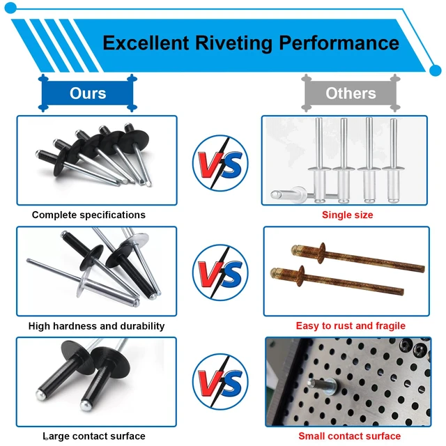Alt view image 4 of 6 - 800pcs Black Pop Rivets with Large Flange Rivets Assortment Kit 7-Sizes Large Head(1/8" 3/16" 1/4") 8-Sizes Small Head (3/32" 1/8" 5/32" 3/16")