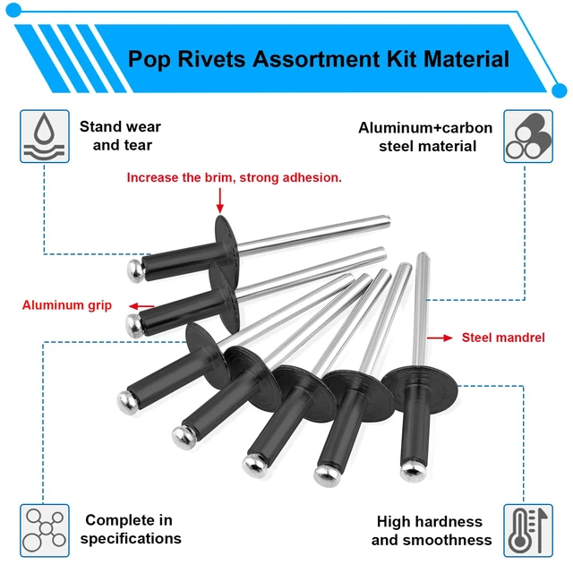 Alt view image 5 of 6 - 800pcs Black Pop Rivets with Large Flange Rivets Assortment Kit 7-Sizes Large Head(1/8" 3/16" 1/4") 8-Sizes Small Head (3/32" 1/8" 5/32" 3/16")