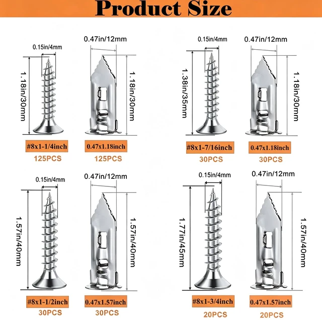 Alt view image 2 of 7 - 410PCS Self Drilling Drywall Anchors with Screws Kit-2 Sizes Sheetrock Anchors & 4 Sizes Zinc Expansion Screws, Upgraded Zinc Plated Steel,No Drill Needed,Holds Up to 66LB on Walls(Sliver