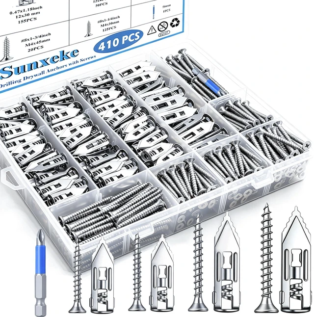 Main image of 410PCS Self Drilling Drywall Anchors with Screws Kit-2 Sizes Sheetrock Anchors & 4 Sizes Zinc Expansion Screws, Upgraded Zinc Plated Steel,No Drill Needed,Holds Up to 66LB on Walls(Sliver