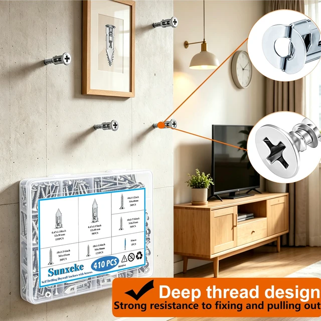 Alt view image 4 of 7 - 410PCS Self Drilling Drywall Anchors with Screws Kit-2 Sizes Sheetrock Anchors & 4 Sizes Zinc Expansion Screws, Upgraded Zinc Plated Steel,No Drill Needed,Holds Up to 66LB on Walls(Sliver