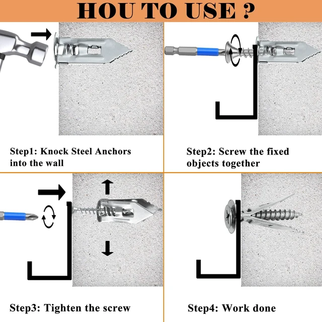 Alt view image 3 of 7 - 410PCS Self Drilling Drywall Anchors with Screws Kit-2 Sizes Sheetrock Anchors & 4 Sizes Zinc Expansion Screws, Upgraded Zinc Plated Steel,No Drill Needed,Holds Up to 66LB on Walls(Sliver