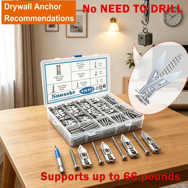 Alt view image 5 of 7 - 410PCS Self Drilling Drywall Anchors with Screws Kit-2 Sizes Sheetrock Anchors & 4 Sizes Zinc Expansion Screws, Upgraded Zinc Plated Steel,No Drill Needed,Holds Up to 66LB on Walls(Sliver