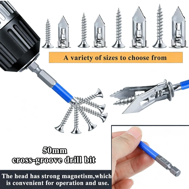 Alt view image 6 of 7 - 410PCS Self Drilling Drywall Anchors with Screws Kit-2 Sizes Sheetrock Anchors & 4 Sizes Zinc Expansion Screws, Upgraded Zinc Plated Steel,No Drill Needed,Holds Up to 66LB on Walls(Sliver