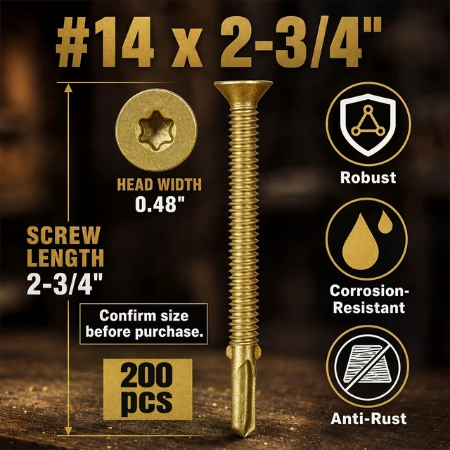 Alt view image 4 of 6 - 200Pcs Trailer Deck Screws #14 X 2-3/4" Metal Self Tapping Screw,Bronze Wood to Metal Self Tapping Screws Bulk Self Drilling Screws with Star Head for for Trailers Decking Fastening Flatbeds