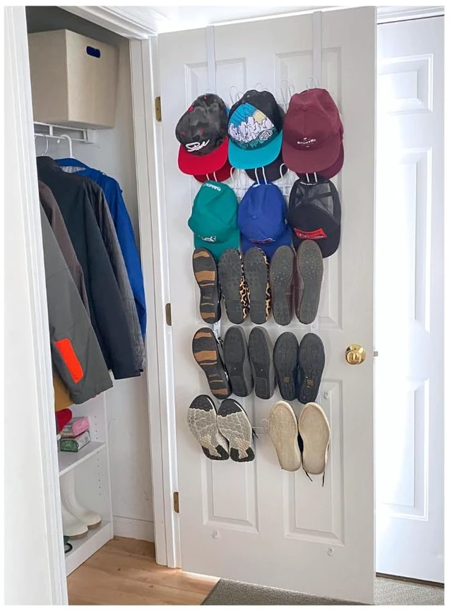 Main image of Over the Door Shoe Organizer, 5 Tier Rack for Shoes, Hats & Bags Five-tier metal rack holds up to 12 pairs of shoes or 40 caps and accessories, maximizing extra storage behind a closet door