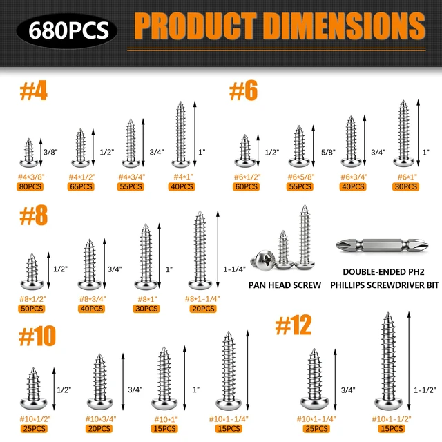 Alt view image 2 of 6 - 680 PCS 304 Stainless Steel Screws, #4#6#8#10#12 Wood Screws Assortment Kit, Assorted Sheet Metal Screws, Phillips Pan Head Assorted Sheet Metal Screws Marine Grade Length 3/8to 1-1/2