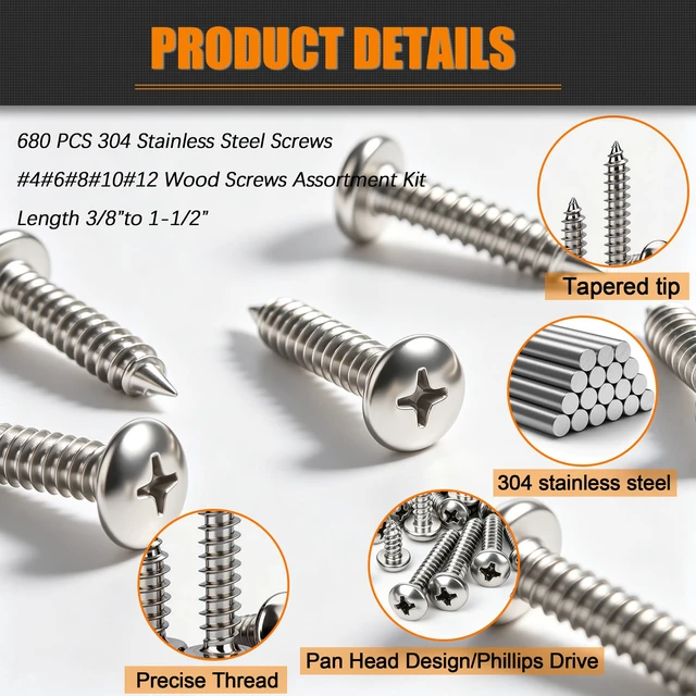 Alt view image 3 of 6 - 680 PCS 304 Stainless Steel Screws, #4#6#8#10#12 Wood Screws Assortment Kit, Assorted Sheet Metal Screws, Phillips Pan Head Assorted Sheet Metal Screws Marine Grade Length 3/8to 1-1/2