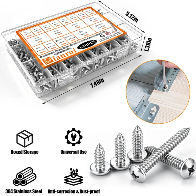 Alt view image 4 of 6 - 680 PCS 304 Stainless Steel Screws, #4#6#8#10#12 Wood Screws Assortment Kit, Assorted Sheet Metal Screws, Phillips Pan Head Assorted Sheet Metal Screws Marine Grade Length 3/8to 1-1/2