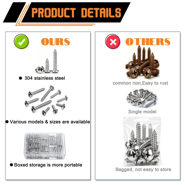 Alt view image 5 of 6 - 680 PCS 304 Stainless Steel Screws, #4#6#8#10#12 Wood Screws Assortment Kit, Assorted Sheet Metal Screws, Phillips Pan Head Assorted Sheet Metal Screws Marine Grade Length 3/8to 1-1/2