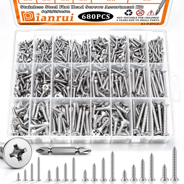 Main image of 680 PCS 304 Stainless Steel Screws, #4#6#8#10#12 Wood Screws Assortment Kit, Assorted Sheet Metal Screws, Phillips Flat Head Assorted Sheet Metal Screws Marine Grade Length 3/8to 1-1/2