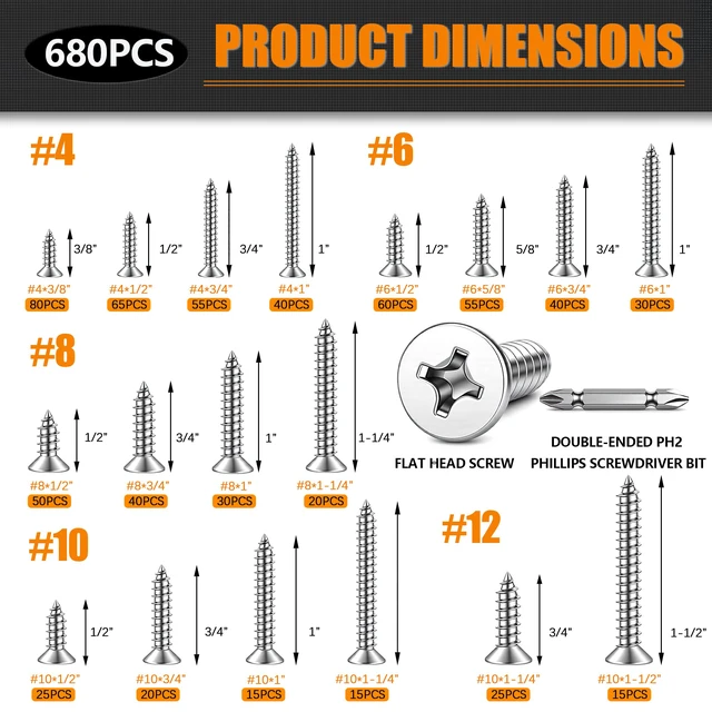 Alt view image 2 of 6 - 680 PCS 304 Stainless Steel Screws, #4#6#8#10#12 Wood Screws Assortment Kit, Assorted Sheet Metal Screws, Phillips Flat Head Assorted Sheet Metal Screws Marine Grade Length 3/8to 1-1/2