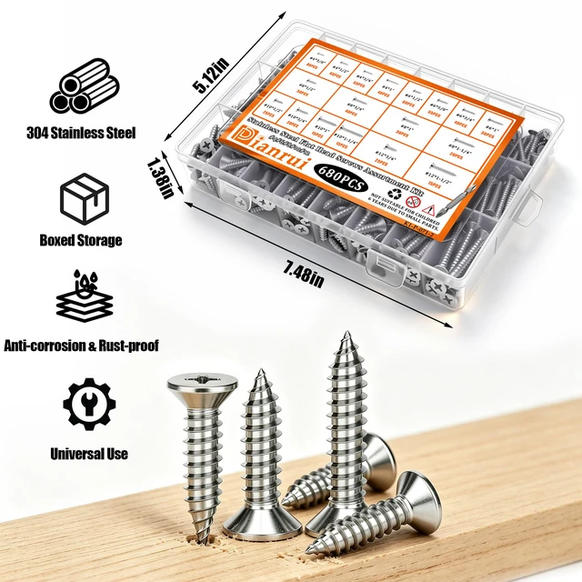 Alt view image 3 of 6 - 680 PCS 304 Stainless Steel Screws, #4#6#8#10#12 Wood Screws Assortment Kit, Assorted Sheet Metal Screws, Phillips Flat Head Assorted Sheet Metal Screws Marine Grade Length 3/8to 1-1/2