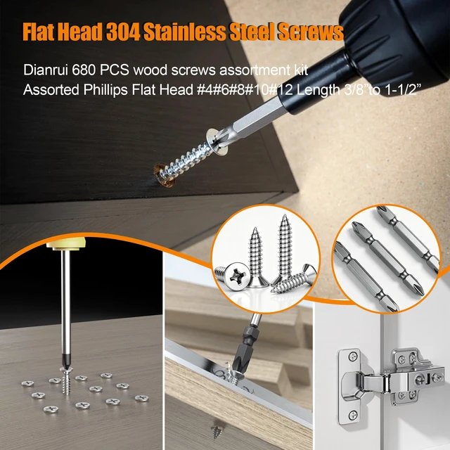Alt view image 4 of 6 - 680 PCS 304 Stainless Steel Screws, #4#6#8#10#12 Wood Screws Assortment Kit, Assorted Sheet Metal Screws, Phillips Flat Head Assorted Sheet Metal Screws Marine Grade Length 3/8to 1-1/2
