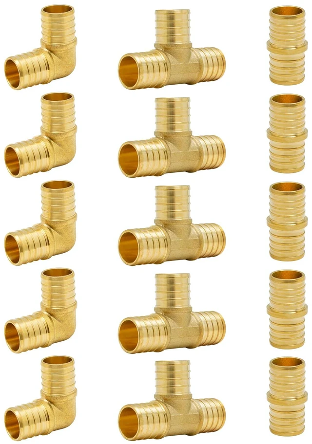 Main image of 15-Pack 1 Inch PEX Fittings Kit, 5 Each Elbow Tee Coupling Brass Crimp Pipe Fitting for PEX Tubing