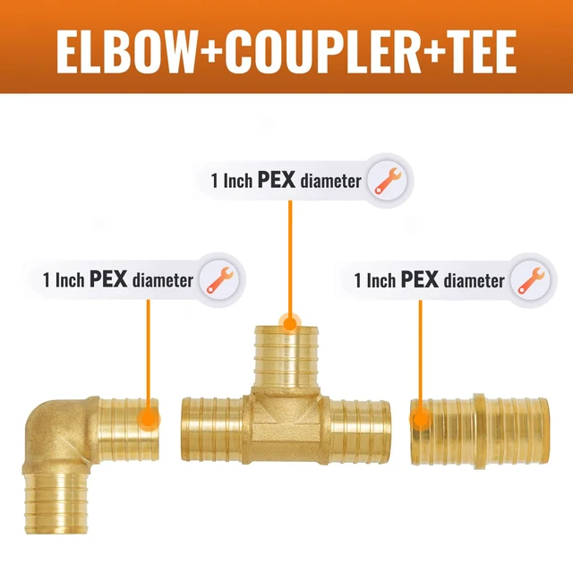 Alt view image 2 of 4 - 15-Pack 1 Inch PEX Fittings Kit, 5 Each Elbow Tee Coupling Brass Crimp Pipe Fitting for PEX Tubing