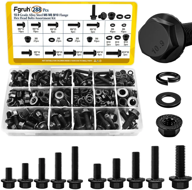Main image of 288PCS M6 M8 M10 Flange Bolt Assortment Kit, Length 12/16/20/25/30 mm M6-1.0, M8-1.25, M10-1.5 Metric Flanged Head Hex Bolts and Nuts Washers Assorted Set for Automotive, Grade 10.9 Black Zinc