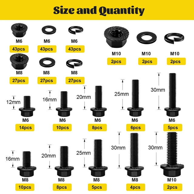 Alt view image 2 of 7 - 288PCS M6 M8 M10 Flange Bolt Assortment Kit, Length 12/16/20/25/30 mm M6-1.0, M8-1.25, M10-1.5 Metric Flanged Head Hex Bolts and Nuts Washers Assorted Set for Automotive, Grade 10.9 Black Zinc