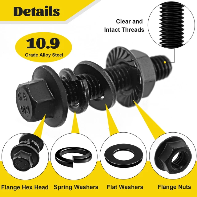 Alt view image 3 of 7 - 288PCS M6 M8 M10 Flange Bolt Assortment Kit, Length 12/16/20/25/30 mm M6-1.0, M8-1.25, M10-1.5 Metric Flanged Head Hex Bolts and Nuts Washers Assorted Set for Automotive, Grade 10.9 Black Zinc