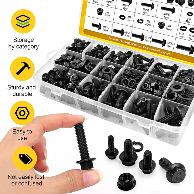 Alt view image 6 of 7 - 288PCS M6 M8 M10 Flange Bolt Assortment Kit, Length 12/16/20/25/30 mm M6-1.0, M8-1.25, M10-1.5 Metric Flanged Head Hex Bolts and Nuts Washers Assorted Set for Automotive, Grade 10.9 Black Zinc