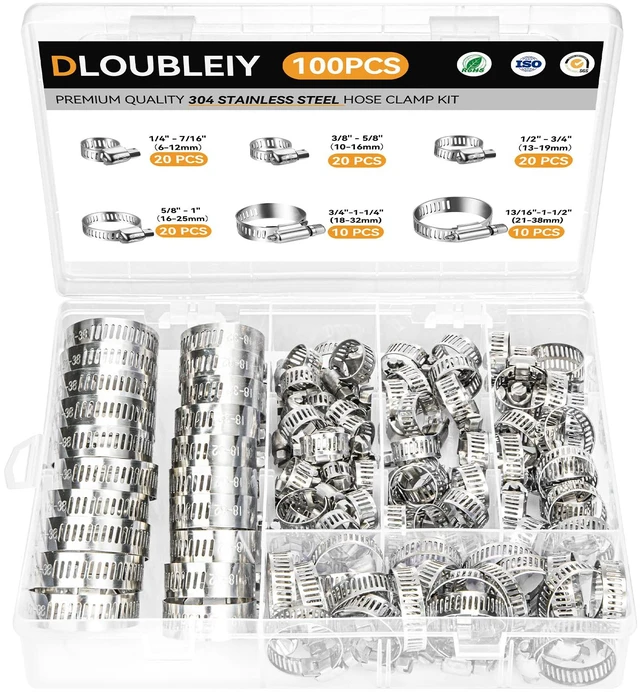Main image of 100PCS Hose Clamp Assortment Kit, Stainless Steel Worm Gear Clamp Adjustable Clamps, Fits 1/4'' to 1 1/2'' (6-38mm) for Plumbing, Automotive, Fuel Line, Air Hose, and Mechanical Applications