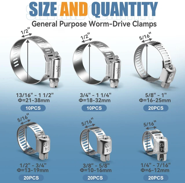 Alt view image 2 of 6 - 100PCS Hose Clamp Assortment Kit, Stainless Steel Worm Gear Clamp Adjustable Clamps, Fits 1/4'' to 1 1/2'' (6-38mm) for Plumbing, Automotive, Fuel Line, Air Hose, and Mechanical Applications