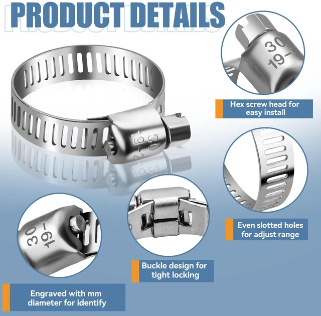Alt view image 4 of 6 - 100PCS Hose Clamp Assortment Kit, Stainless Steel Worm Gear Clamp Adjustable Clamps, Fits 1/4'' to 1 1/2'' (6-38mm) for Plumbing, Automotive, Fuel Line, Air Hose, and Mechanical Applications