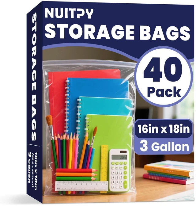 Main image of 40 Pack Large 3 Gallon Storage Bags with Zipper Top, 16 x 18in Zipper Bags Clear Plastic Bag for Storage, Reusable, Sealable Storage Bag for Clothes, Travel & Moving, Double-sided Thickness 4 Mil