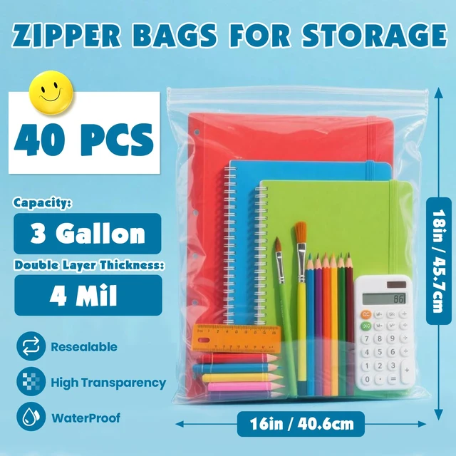 Alt view image 2 of 7 - 40 Pack Large 3 Gallon Storage Bags with Zipper Top, 16 x 18in Zipper Bags Clear Plastic Bag for Storage, Reusable, Sealable Storage Bag for Clothes, Travel & Moving, Double-sided Thickness 4 Mil
