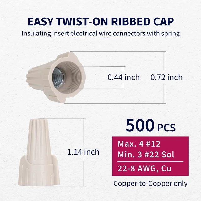 Alt view image 2 of 7 - 500PCS Tan Wire Connectors Nuts, Winged 22-8 AWG UL486C Twist-On Insulated PP cap and spring for fast, secure electrical splices in fixtures, outlets, switches, boxes, and repairs