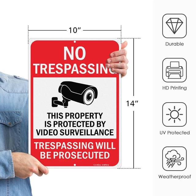 Alt view image 2 of 6 - Large Video Surveillance Signs, 14x10 Inches No Trespassing Sign Private Property Sign, Reflective Aluminum, Fade Resistant,Indoor or Outdoor Use (4-Pack)