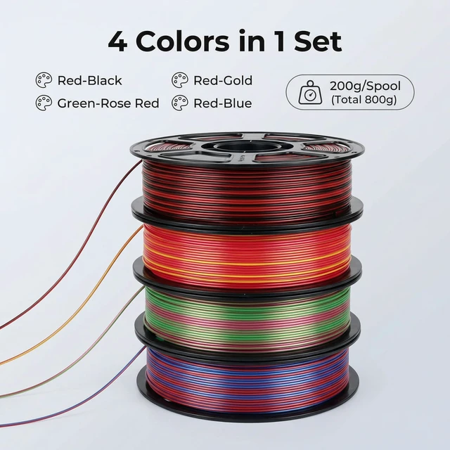 Alt view image 2 of 7 - Silk PLA Multicolor 200gx4 Bundle, Shiny 3D Printer Filament 1.75mm Silky Dual-color Glossy PLA Bundle Red Gold/Green/Black/Blue, ±0.02mm, ideal for vivid small-print multicolor effects