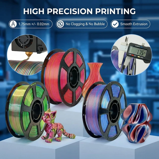 Alt view image 4 of 7 - Silk PLA Multicolor 200gx4 Bundle, Shiny 3D Printer Filament 1.75mm Silky Dual-color Glossy PLA Bundle Red Gold/Green/Black/Blue, ±0.02mm, ideal for vivid small-print multicolor effects