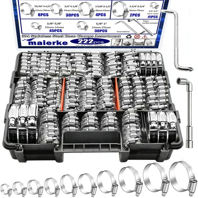 Main image of 222PCS 304 Stainless Steel Hose Clamps Assortment Kit,Metal Adjustable 1/4"-2-3/4"(6-70mm) Worm Gear Hose Clamp Small Hose Clamps for Automotive,Radiator Pipe,Plumbing,Fuel Line