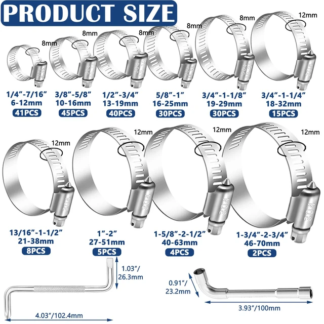 Alt view image 3 of 7 - 222PCS 304 Stainless Steel Hose Clamps Assortment Kit,Metal Adjustable 1/4"-2-3/4"(6-70mm) Worm Gear Hose Clamp Small Hose Clamps for Automotive,Radiator Pipe,Plumbing,Fuel Line