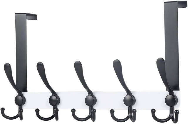 Main image of Over The Door Hook Hanger - Fits 1 3/8" to 1 3/4" Standard Doors | 5 Tri Hooks Heavy Duty Towel/Coat Rack | Door Organizer for Clothes, Jackets, Hats, Towels, White & Black
