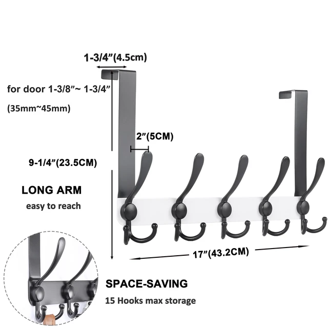Alt view image 2 of 7 - Over The Door Hook Hanger - Fits 1 3/8" to 1 3/4" Standard Doors | 5 Tri Hooks Heavy Duty Towel/Coat Rack | Door Organizer for Clothes, Jackets, Hats, Towels, White & Black
