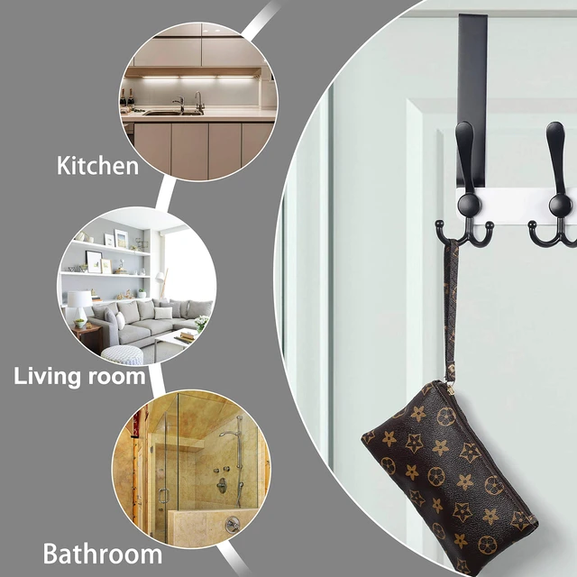 Alt view image 5 of 7 - Over The Door Hook Hanger - Fits 1 3/8" to 1 3/4" Standard Doors | 5 Tri Hooks Heavy Duty Towel/Coat Rack | Door Organizer for Clothes, Jackets, Hats, Towels, White & Black