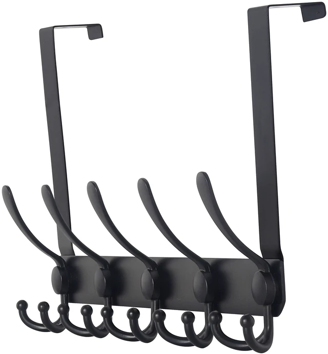 Main image of Over The Door Hook Hanger - Fits 1 3/8" to 1 3/4" Standard Doors | 5 Tri Hooks Heavy Duty Towel/Coat Rack | Door Organizer for Clothes, Jackets, Hats, Towels, Black