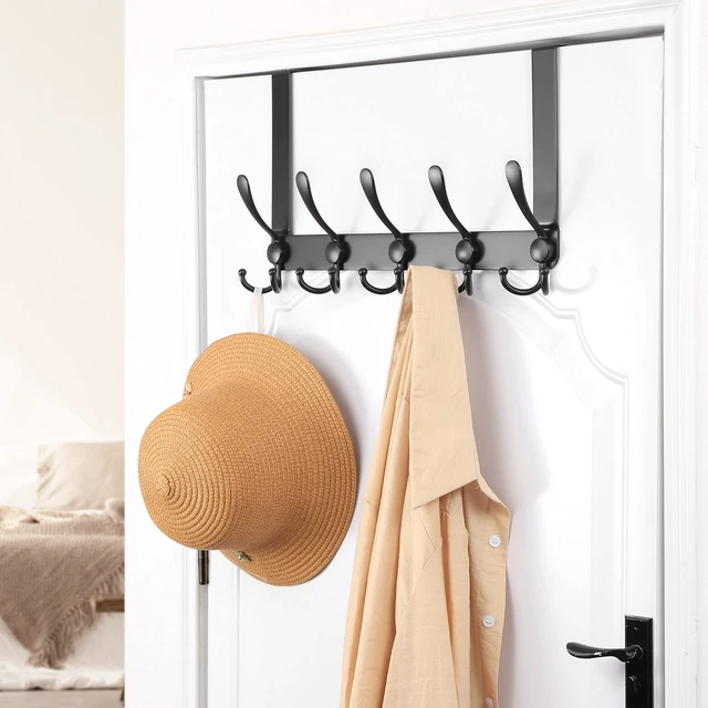 Alt view image 2 of 7 - Over The Door Hook Hanger - Fits 1 3/8" to 1 3/4" Standard Doors | 5 Tri Hooks Heavy Duty Towel/Coat Rack | Door Organizer for Clothes, Jackets, Hats, Towels, Black