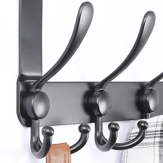 Alt view image 3 of 7 - Over The Door Hook Hanger - Fits 1 3/8" to 1 3/4" Standard Doors | 5 Tri Hooks Heavy Duty Towel/Coat Rack | Door Organizer for Clothes, Jackets, Hats, Towels, Black